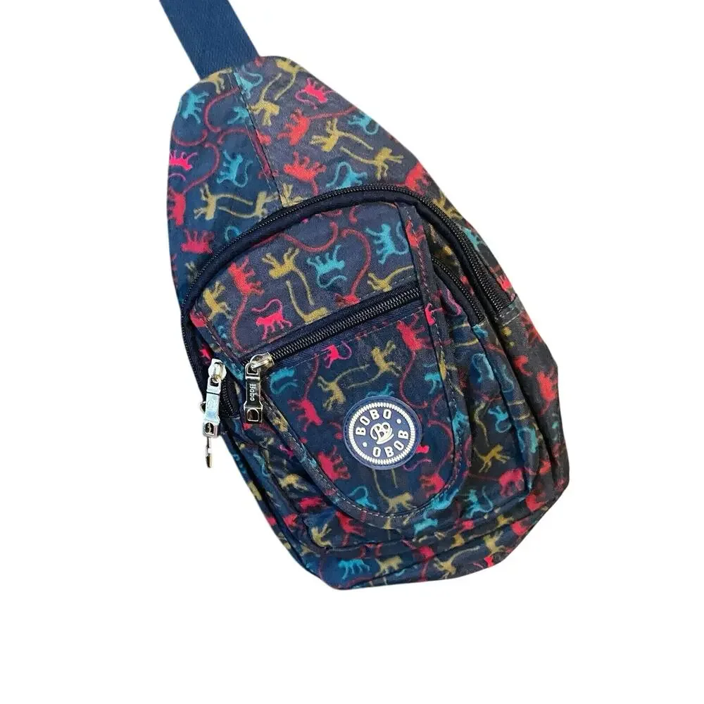 Bobo Obob Monkey Print Sling Backpack Crossbody Bag 4 Pocket Blue Colorful